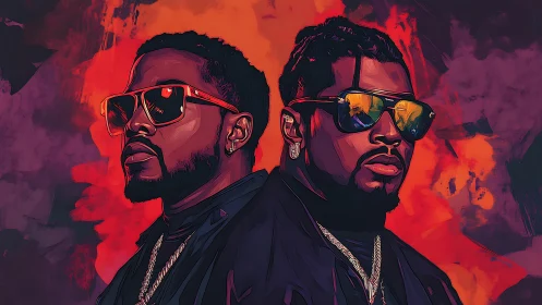 Twin neon swagger against a storm of burning color.