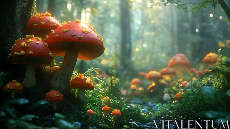 Dense forest floor shows clustered orange mushrooms in focus