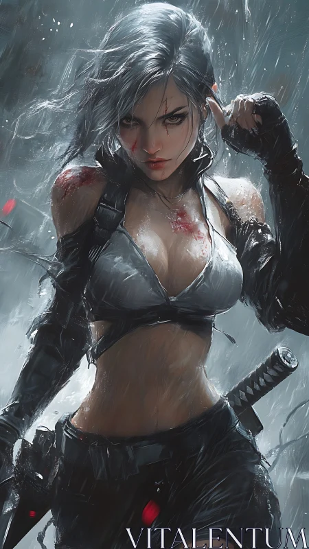 Rain-swept cybernetic swordswoman with tactical harness poised.