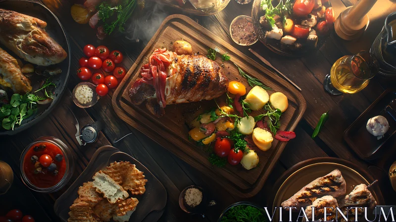 Rustic feast gathers roasted meat, glowing herbs, and bread