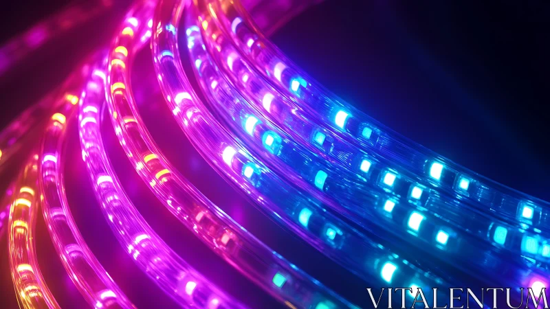 Cyberpunk LED ribbon arrays with curved luminous trajectories.