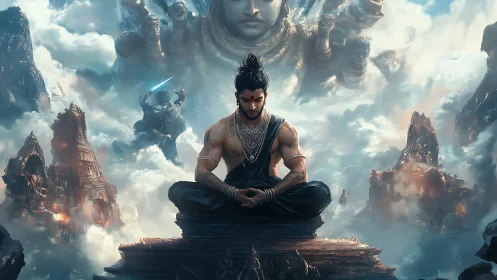 Serene warrior in cosmic meditation among ancient peaks.