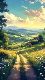 Rural dirt path through rolling fields and distant hills.