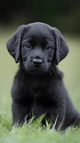 Black labrador puppy sits alert on soft green grass outdoors.