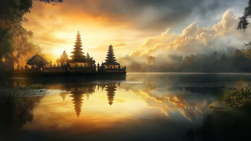 Golden temple lake at sunrise with mirrored cloud reflections.