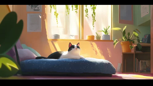 Black and white cat resting on blue bed in sunlit room with plants