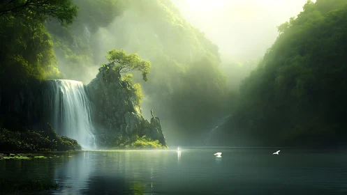 Waterfall, misty gorge and still lake under diffuse light.