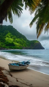 Tropical Beach with Anchored Boat and Lush Mountainside.