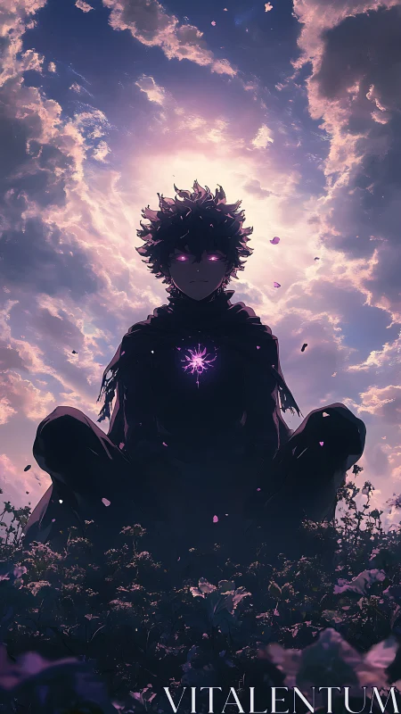 Shadowborn wanderer crowned in stormlit celestial bloom.