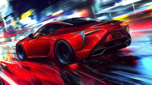 Radiant red sports car glides through vibrant neon city streets