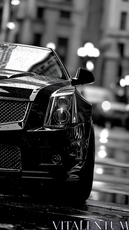 Black luxury sedan reflects city lights on wet street