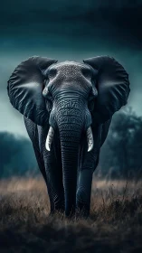 Majestic elephant strolling through a misty twilight savanna.