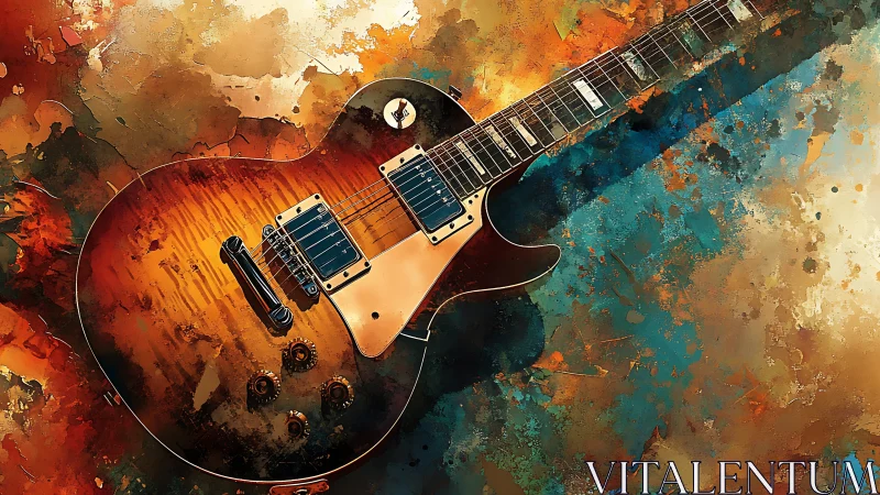 Glowing electric guitar rests in a swirl of warm painted color