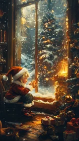 Child in Santa coat by glowing winter window at Christmas.