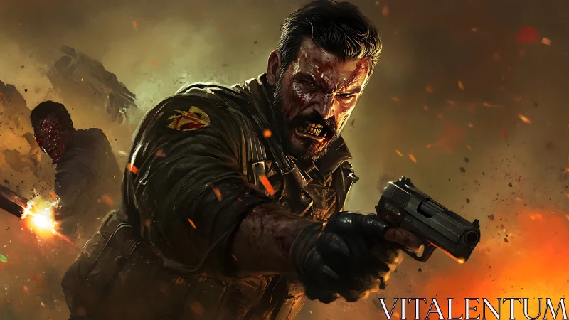 Battle-scarred soldier erupts through flames and flying embers.