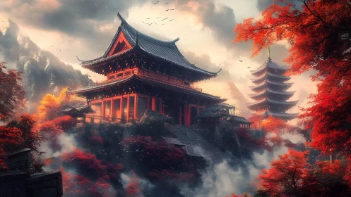 Crimson mountain temple dreaming in mist and autumn fire.