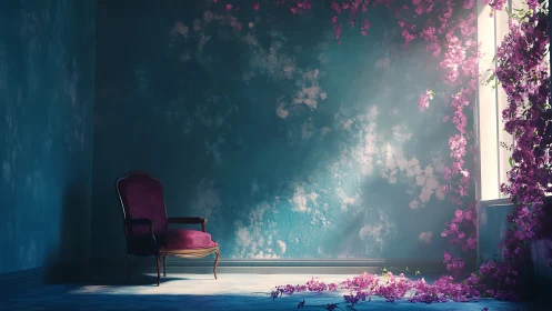 Velvet ghost chair basking in a doorway of runaway flowers.