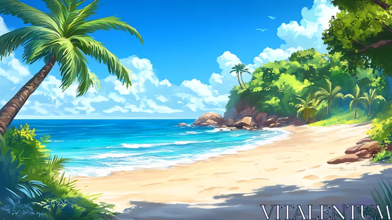 Tropical Coastal Paradise with Palms, Boulder Formations, and Turquoise Waters