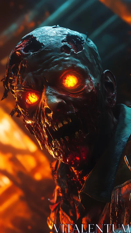 Molten-eyed undead creature in cinematic infernal lighting.