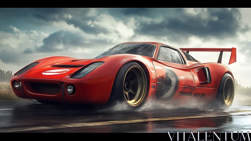 Red racing legend hugging the rainy road with confidence.