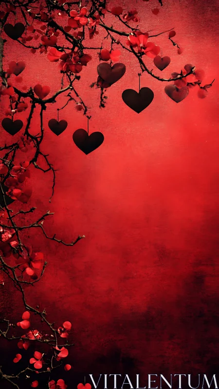 Heart-Shaped Ornaments Suspended on Crimson Background
