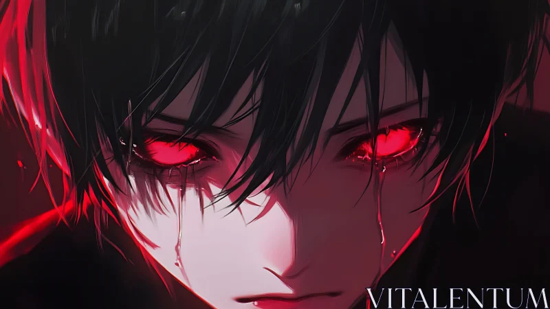 Crimson lit anime boy portrait with glowing tearful eyes