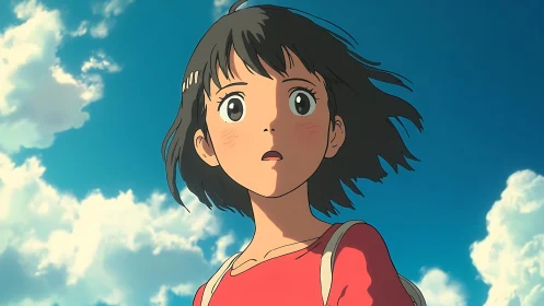 Young anime girl under bright sky with surprised gaze.
