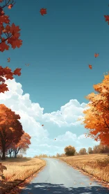 Autumn country roadway under volumetric clouds and azure sky.