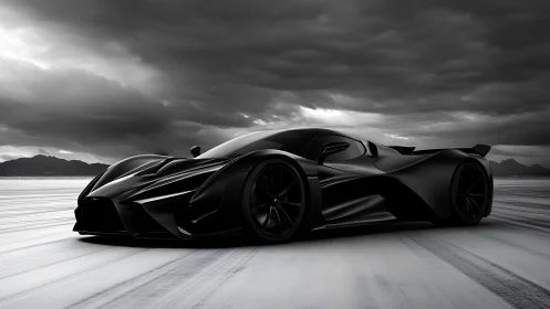 Sleek black hypercar on barren salt flat under clouds.