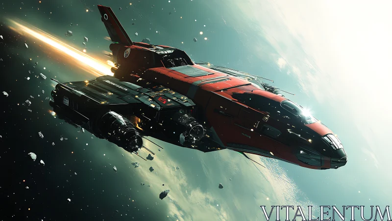 Red assault starship cuts through dense asteroid field.
