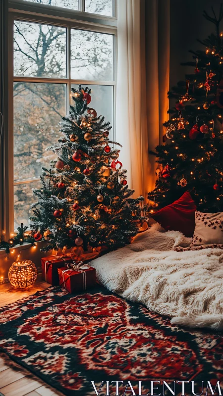 Cozy Christmas nook glows beside frosted winter window.