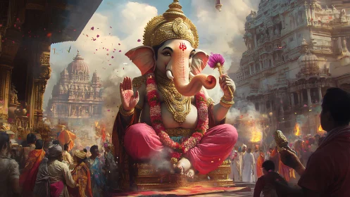 Digital painting of Ganesha amid ornate temple festival processional.
