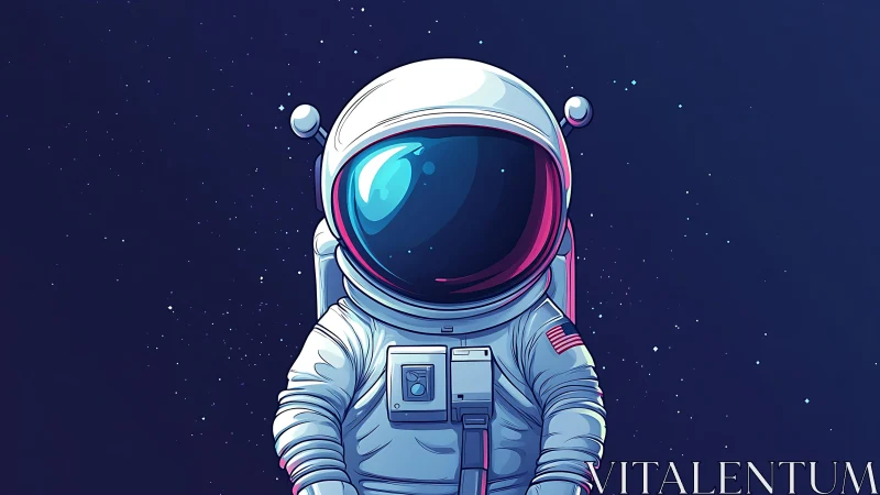 Astronaut portrait floats in deep indigo starfield silence.