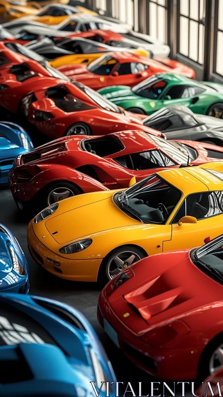 Multiple sports cars are aligned in dense indoor storage rows