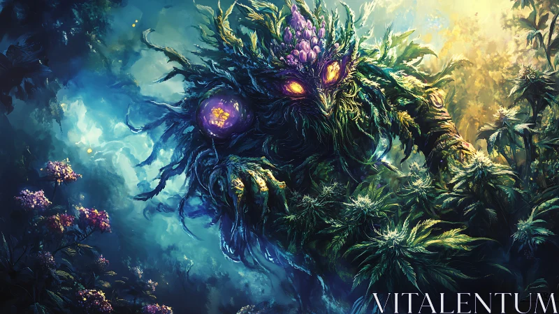 Plant-based humanoid figure advances through dense foliage