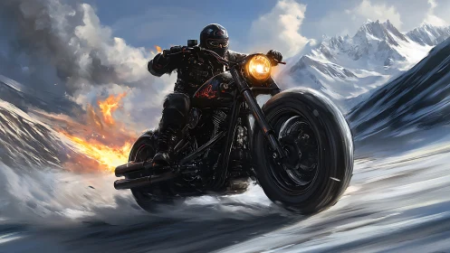 Firetrail rider tearing across storm-lit winter mountains.