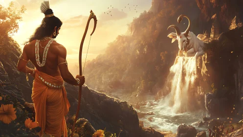 Sunlit warrior studies mystical bovine deity above cascading waterfall