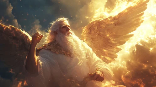 Radiant celestial elder with luminous golden wings in clouds.