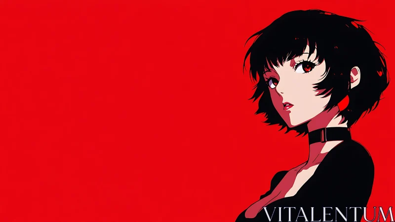 Striking anime girl against bold minimalist red backdrop.