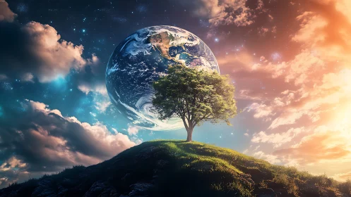 One glowing tree stands under a vast, hovering Earth sky