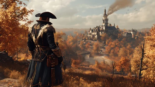 Autumn-clad adventurer surveying industrial castle skyline.