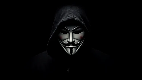 Hooded mask emerges from darkness with eerie digital glow