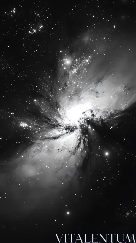 Monochrome stellar nebula with dense star field spread.