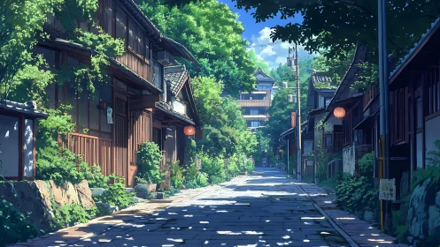 Quiet sunny lane through traditional wooden houses in summer.
