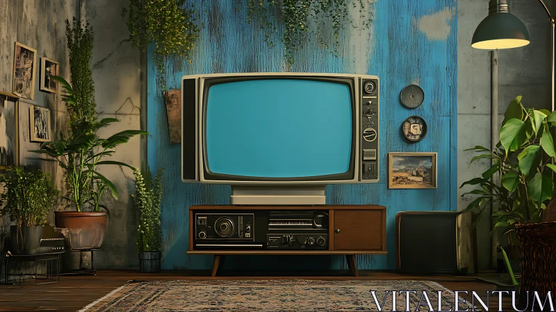 Mid-century CRT television in retro living room plant vignette