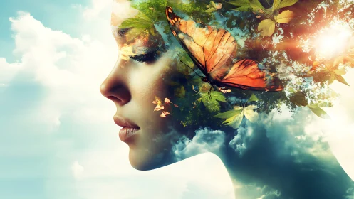 Female profile blending with sky, foliage and butterfly form.