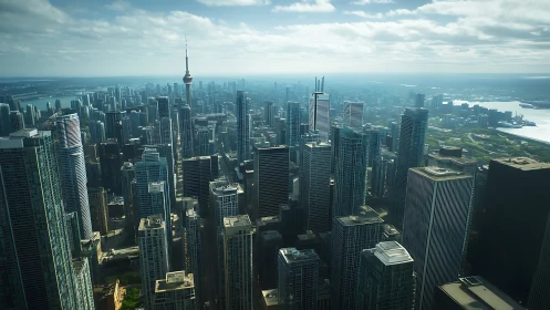 Glass canyons march to the horizon as one tower leads all