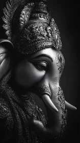 Monochrome Ganesha sculpture with ornate ceremonial armor.