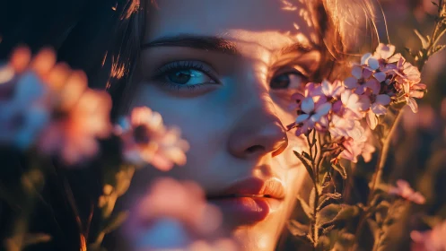 Sunset-kissed gaze hiding softly among wild blooms.