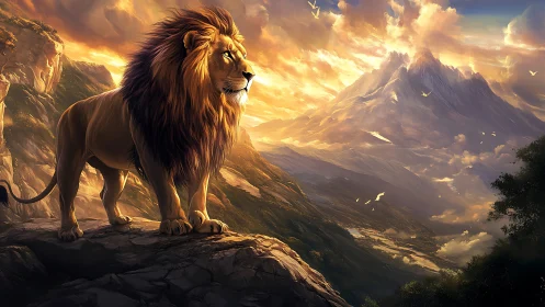 Sunlit lion observes mountainous valley under volumetric clouds